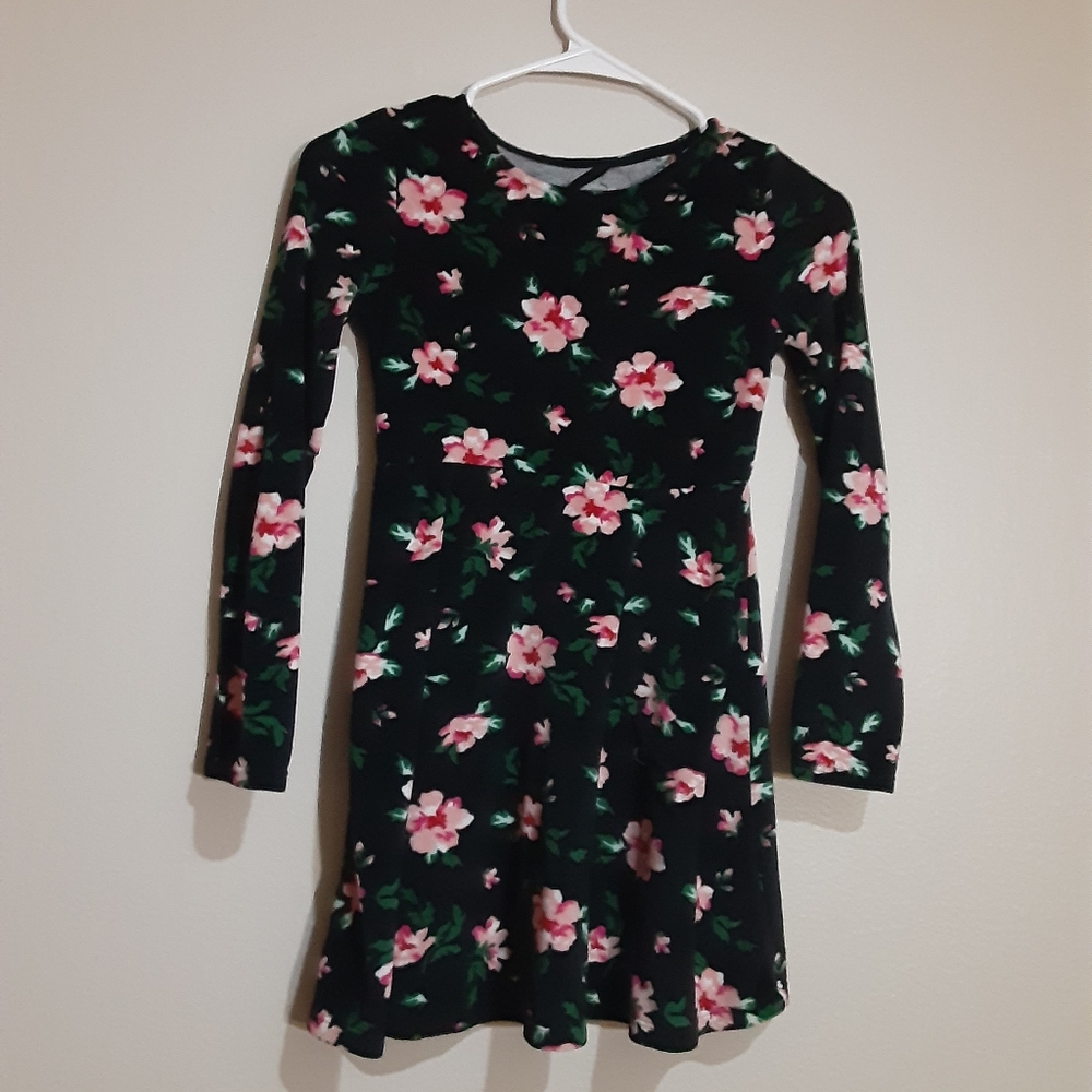 Black dress with flowers.